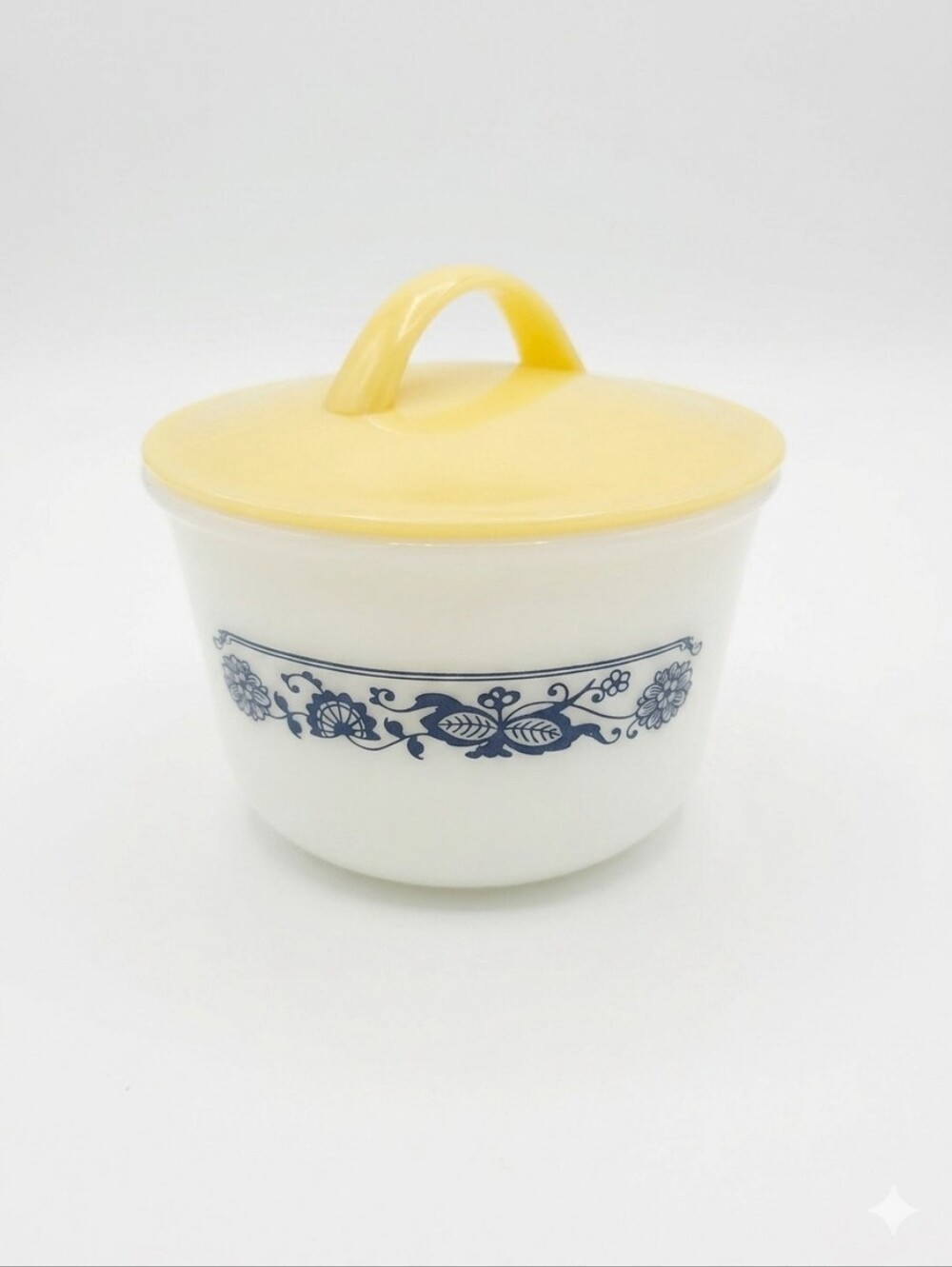 ​Pyrex Old Town Milk Glass Blue White Sugar Bowl Vintage  Floral Yellow Lid